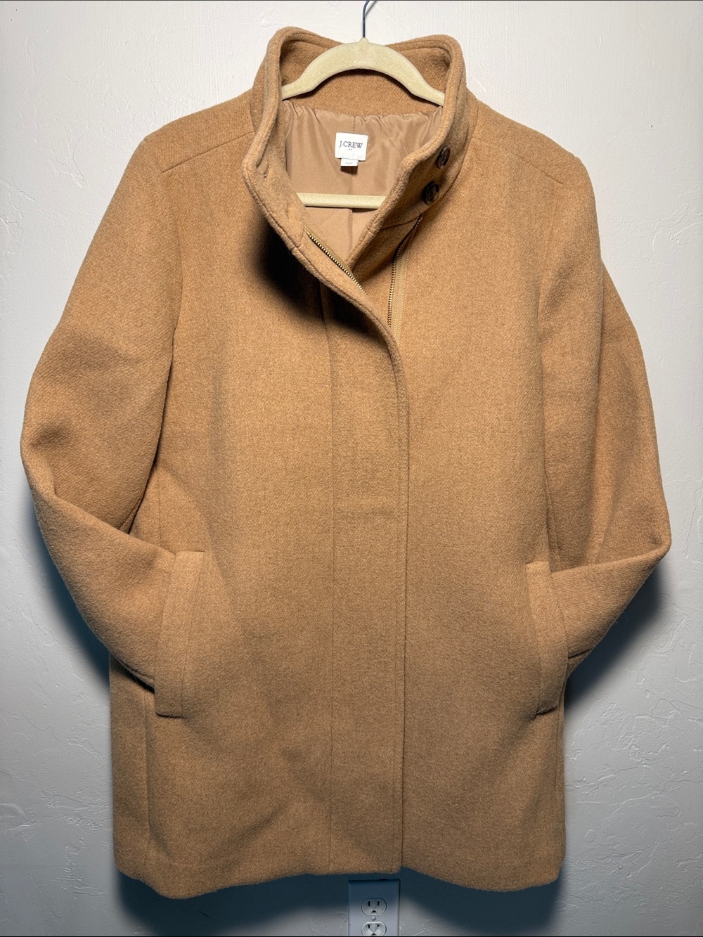 J. Crew Women’s Camel Wool-Blend Stand Collar Hidden Zip-Up Pea Coat